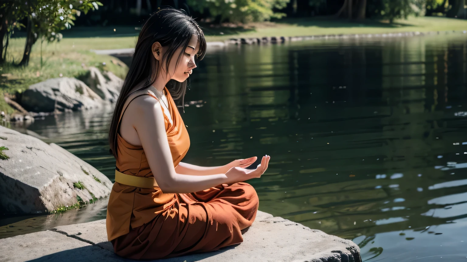 Buddhist woman meditating by the water