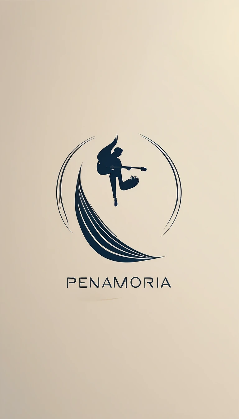 A minimal, modern, simple, cinematic, minimalistic logo design for the brand “Penamemoria". The logo design must be a simple, magical feather and a boy running and holding an acoustic guitar. The logo must convey a sense of music, stories and dreams. Logo design impressed on a book cover. Minimalistic logo