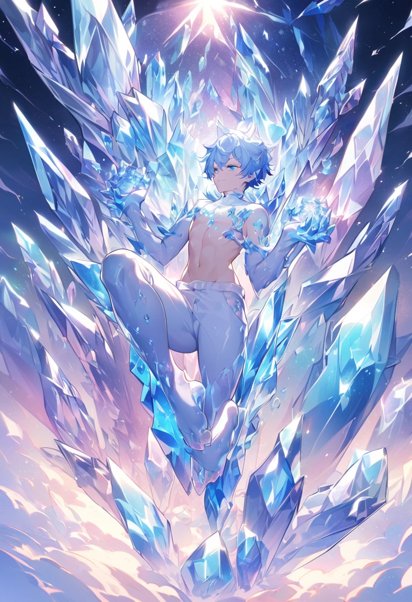 male cat,Boys,Has a tail,Lovely,Thin,struggle,eternal,crystallic,Blue slime,Feet turned into crystal,Hands turned into crystal,Crystal legs,Crystal feet,Crystal hands,illumination,freeze,脚被freeze,charming,Boys们 ,蓝色Crystal feet,穿着Tight Fit衣,plastic,Full body portrait,Smooth,全身Tight Fit衣,Thin,Light blue gel coat,Full body gel coating,outdoor,naked,Small pants,Tight Fit,No clothes,Crystal Calf,crystal thighs,Crystal Torso,Crystal hands臂