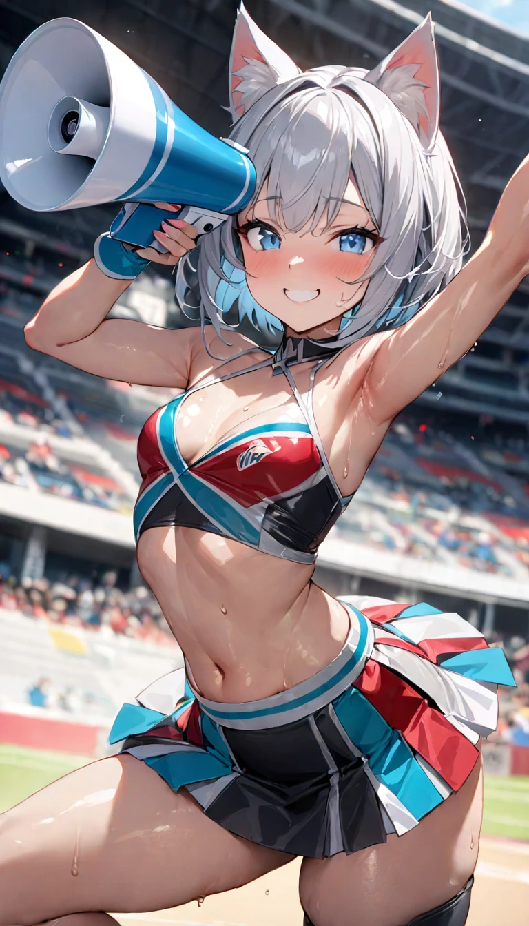 1girl、(((best quality)), ((masterpiece)), (details), masterpiece, best quality, high quality, ulutra detailed, perfect face, ((1girl, Blue eyes, cat ears: 1.3 silver bob hair: 2.5,))、Shiny Hair、Glowing Skin、smile、Lustful look、I can see your toned stomach、Small breasts、Cheergirl Costume、Cheerleader tight skirt、Short spats、Butt、((With a megaphone))、Stadium Background、smile、Sweat glistens、Cheeks are a little red、whole body、dance