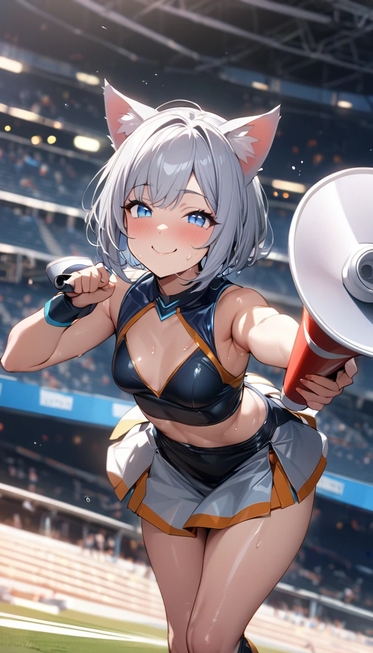 1girl、(((best quality)), ((masterpiece)), (details), masterpiece, best quality, high quality, ulutra detailed, perfect face, ((1girl, Blue eyes, cat ears: 1.3 silver bob hair: 2.5,))、Shiny Hair、Glowing Skin、smile、Lustful look、I can see your toned stomach、Small breasts、Cheergirl Costume、Cheerleader tight skirt、Short spats、Butt、((With a megaphone))、Stadium Background、smile、Sweat glistens、Cheeks are a little red、whole body、dance