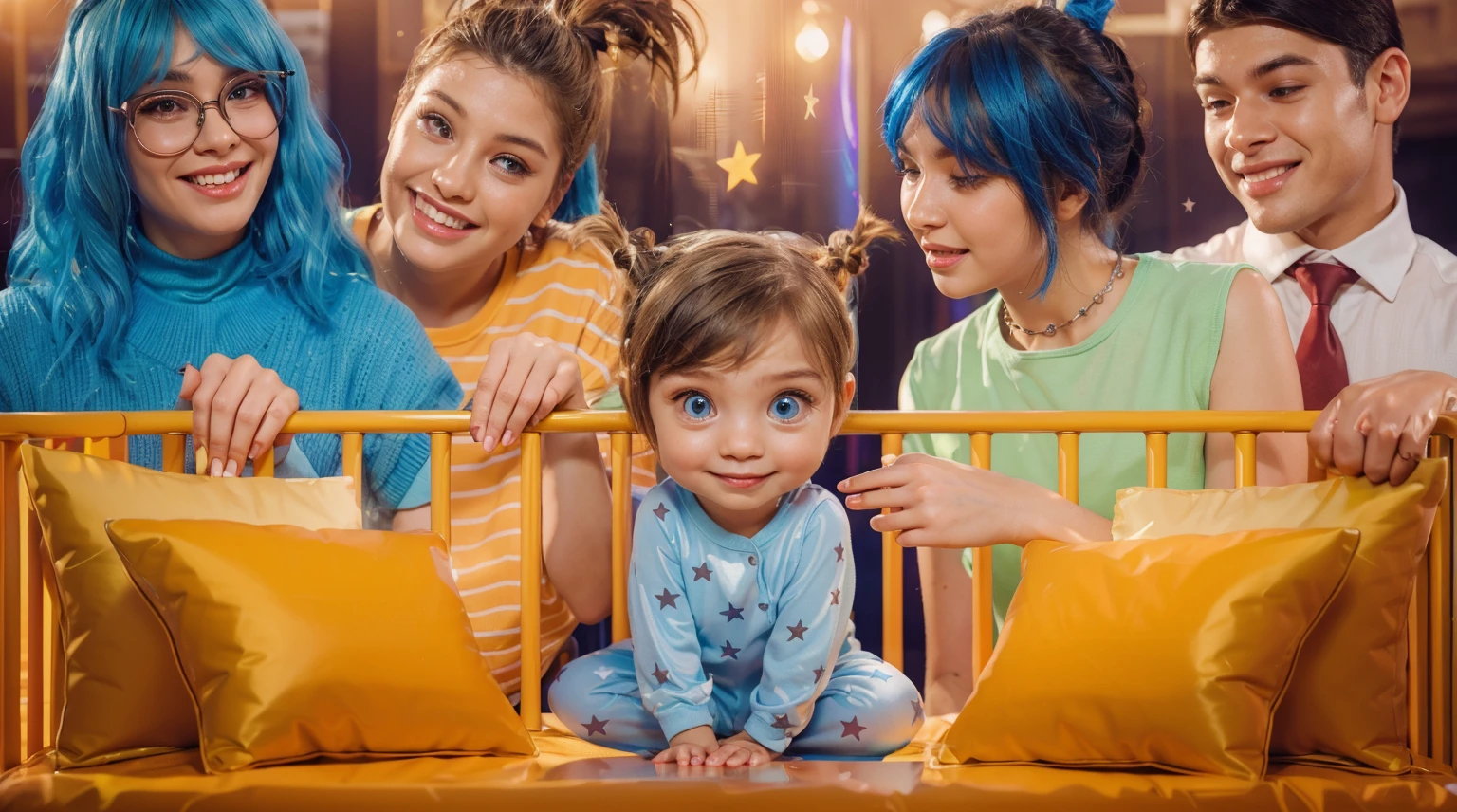 This image features a depiction of Riley Andersen, the young protagonist from the animated movie "Inside Out." The ddler version of Riley here captures her youthful innocence and playful spirit, characterized by her large blue eyes and blonde hair styled in whimsical pigtails. Dressed in a soft blue onesie adorned with stars, Riley exudes curiosity and joy, reflecting her character's bright and lively personality from the film. The vibrant blue background highlights her cheerful disposition and imaginative nature. vibrant contrast to his attire and accessories.аffects render, (glossy plastic texture with multiple big light probe refractions), perfect cgi, smooth silhouette, high intensity refraction, (super glossy plastic material), most beautiful vfx, , realistic, 4k, high resolution, rim light, smooth 3d model, multiple light sources, rim light, sharp post effects render,, realistic, 4k, high resolution, rim light detailed digital art, reflective, best quality, 4k, masterpiece:1.2, ultra-detailed, realistic, vivid colors, The image of the highest quality, ensuring every detail showcased perfectly. It in 4k resolution, allowing viewers to immerse themselves in the richness of the colors and intricate details. The realistic rendering. under the spotlight, reflecting, high-resolution image, realistic rendering