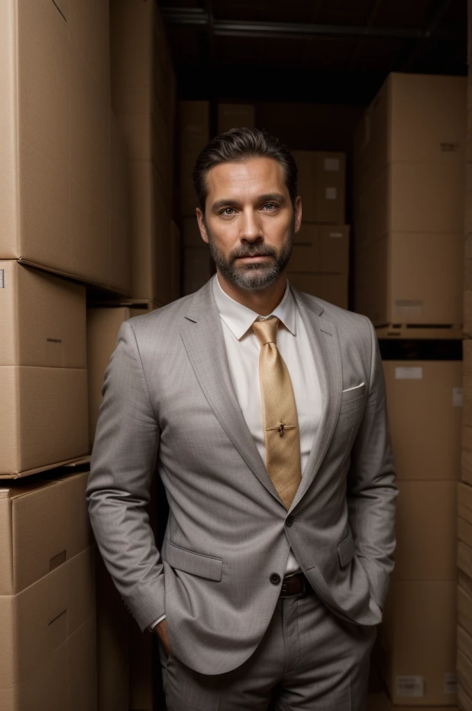 a handsome 39-year-old man with an angelic face, medium-length black beard, wearing a luxurious gray suit with long sleeves, white shirt, and golden tie, brown leather shoes, standing in front of a stack of delivery boxes with a serious yet charming expression, professional corporate businessman, detailed portrait, photorealistic, 8k, high resolution, cinematic lighting, dramatic shadows, sharp focus