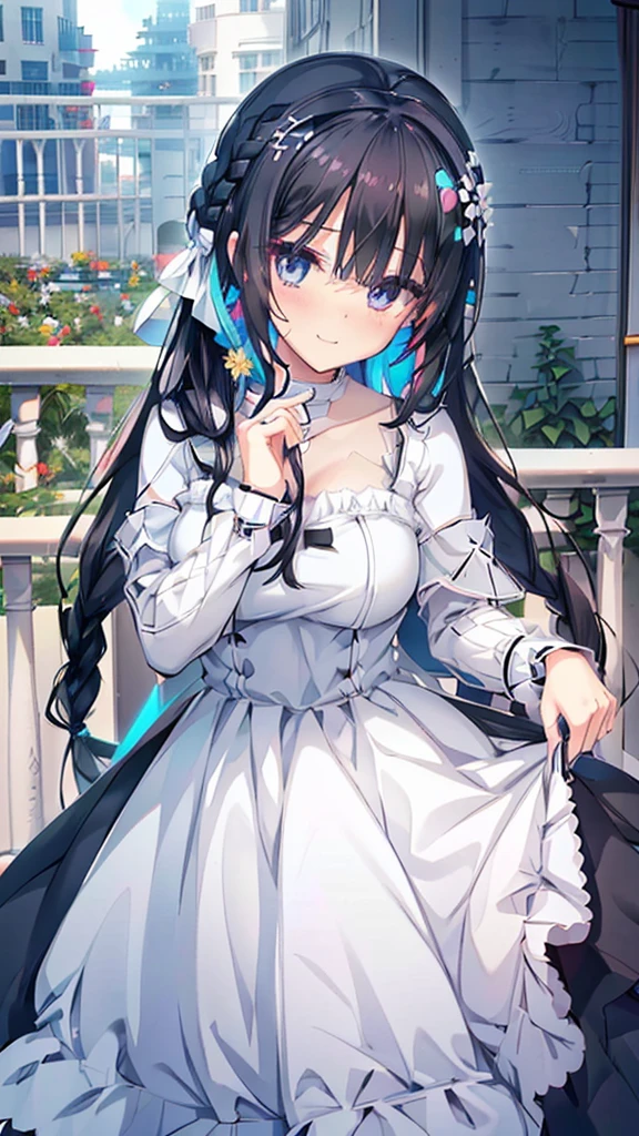 best quality, extremely detailed,anime style girl,long hair down to the waist, straight hair, ((dark black hair with bluish)),braid,beautiful detailed eyes, pinched eyes, (dark blue eyes),huge breasts,curvy,((((white main cutie brightly colored princess dress)))),clothing with complex patterns,hair ornament,smile,((((balcony in garden)))),((((pov))))