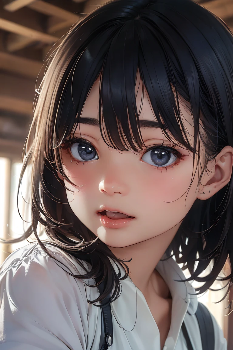 Young female character with long purple hair and large expressive eyes、Wearing a white nurse uniform inspired by the Chinese dress、Red trim and frog buttons、Cute pose with one hand raised near the face、slightly tilted head、A kind smile、Colorful background with cartoon effect、Cat Pose、Sticking out tongue、Cross-eyed、Ahegao、White nurse uniform movie composition、to be born々New skin texture、Arm hair、Realistic skin texture (1.8), Pore details (1.7), Thin vellus hair (1.7), Micro Skin Relief (1.6), Natural skin moisturization (1.5), Skin Transparency (1.6), Soft Skin Highlights (1.7), Faint goosebumps (1.4), Scattered beneath the surface (1.7), Macroskin Details (1.8)Black sleeveless、pores、 Dark Room,Always Details,finely,High resolution, High resolution,Deep Shadow,High Contrast,(8k、to be born写真、Highest quality、masterpiece:1.2)、(Realistic,Realistic:1.8) ,whole body,Amazingly beautiful eyes,Natural Lip,(Saggy breasts:1.1)( Squint your eyes :1.1)1 girl、View your viewers、Beautifully Detailed face,,Mouth half open,、narrow,Floating Hair,Dark brown hair, short hair, Brown eyes, front, Detailed face,Japanese girl sitting in the middle of the room,Wide viewing angles, Messy room, looking at the camera, Black camisole,Arm hair、Brown Hair,View your viewers,Beautifully Detailed face, Cinematic Light,(Film Gain:1.4)|(VHS Video:1.2)(old analog film photography:1.4) Vintage Film (1.8), Analog camera (1.5), Film Grain (1.4), Light leakage (1.2), Soft Focus (1.3), Warm tones (0.2), Retro aesthetic (1.7), Lomography (1.3), Nostalgic atmosphere (1.8), Polaroid style (1.5), Faded colors (1.9), Dreamy look (1.3), Overexposure (1.1), Vignette Effect (1.8), Blurred Edges (1.4),Dusty room,Moisturized Skin、Beautifully Detailed face,