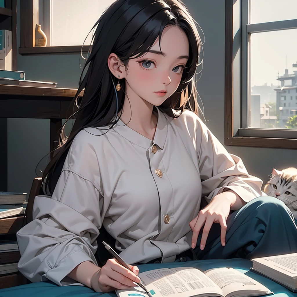 Vertical portrait of a 15-year-old Taiwanese girl wearing over-ear headphones, sleeping on her computer desk in a dimly lit room. A cat is curled up next to her, and an open book lies beneath her head. The scene is captured in Lo-fi photography style with dark amber and emerald tones. A tall window shows a traditional Taiwanese street scene outside. In anime style, with medical textbooks scattered around. --ar 4:5 --style raw