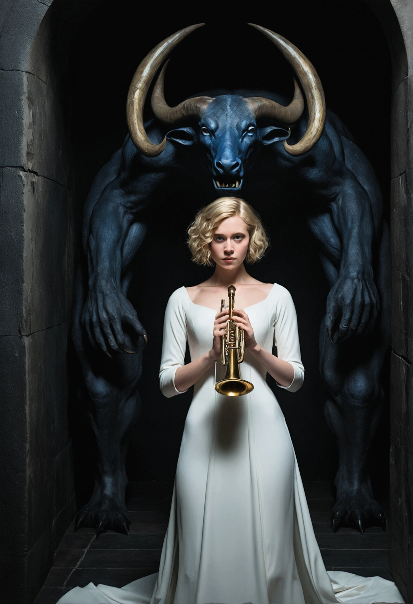 A young woman with short, blonde hair and blue eyes, dressed in a white gown, kneels in the center of a dark, cavernous space. She holds a gleaming trumpet in her right hand. Several massive, monstrous figures with horns and sharp teeth surround her, some kneeling submissively, others protectively. The style is reminiscent of medieval or Renaissance art, with dark, bold colors and heavy shadows. The figures are highly detailed, and the overall impression is one of drama and intensity.