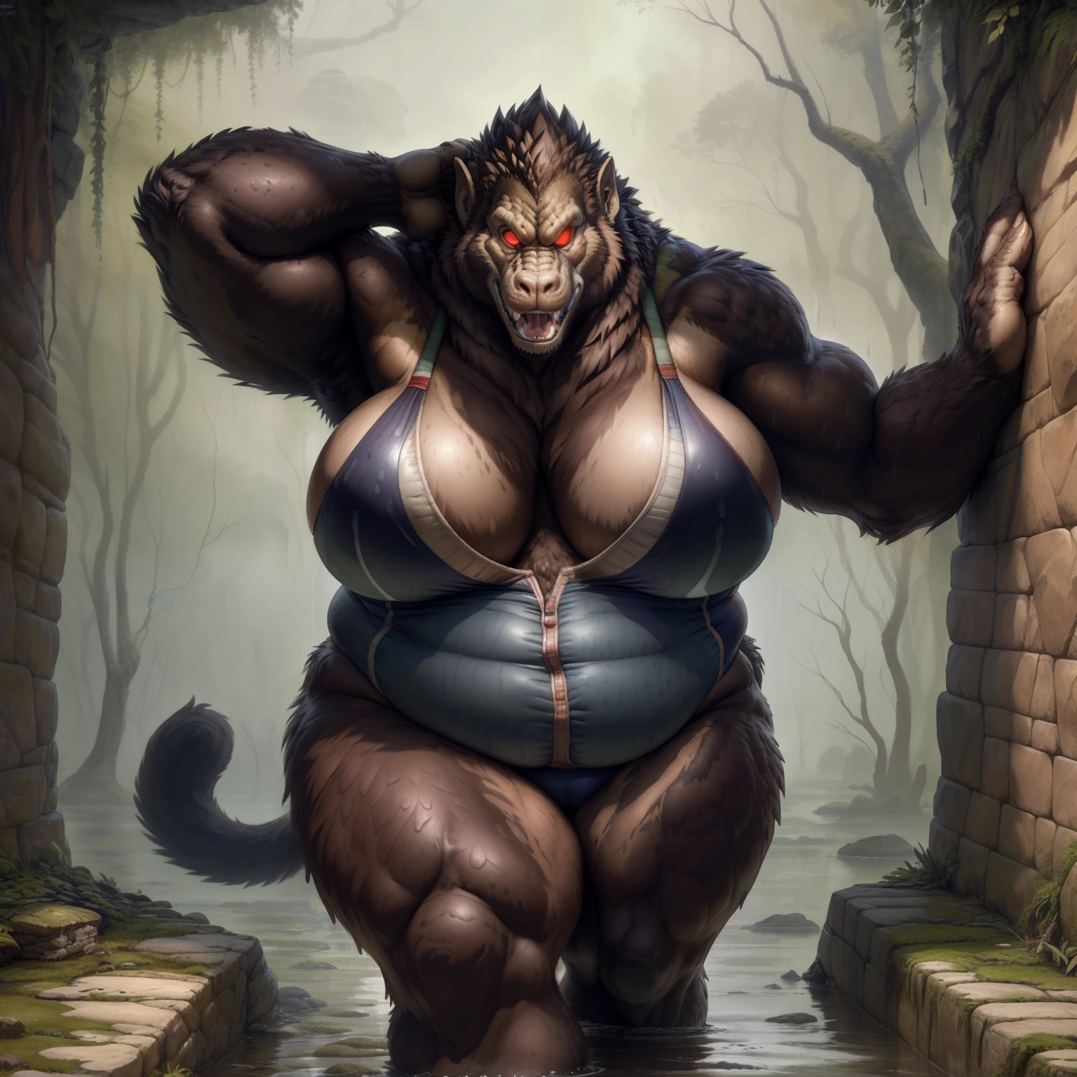 solo, breath (ultra detailed), a beautiful and detailed full size portrait of a female anthro gorilla, oozaru, brown fur, fur body, monkey tail, red eyes, close up view, glowing eyes, empty eyes, tail, bedroom eyes, detailed eyes, big body, sexy body, (wide body). goddess, kenket, Ross Tran,ruan jia, trending on artstation,foxovh, cenematic lighting, front view, big breaths, huge boobs, big , big fat , big , big , big , wet, raining, day, fat, obese, (((stone hallway, distant swamp, little rocks, standing, seductive))), curvy figure, (((one piece bikini))), angry, open mouth, blush,
