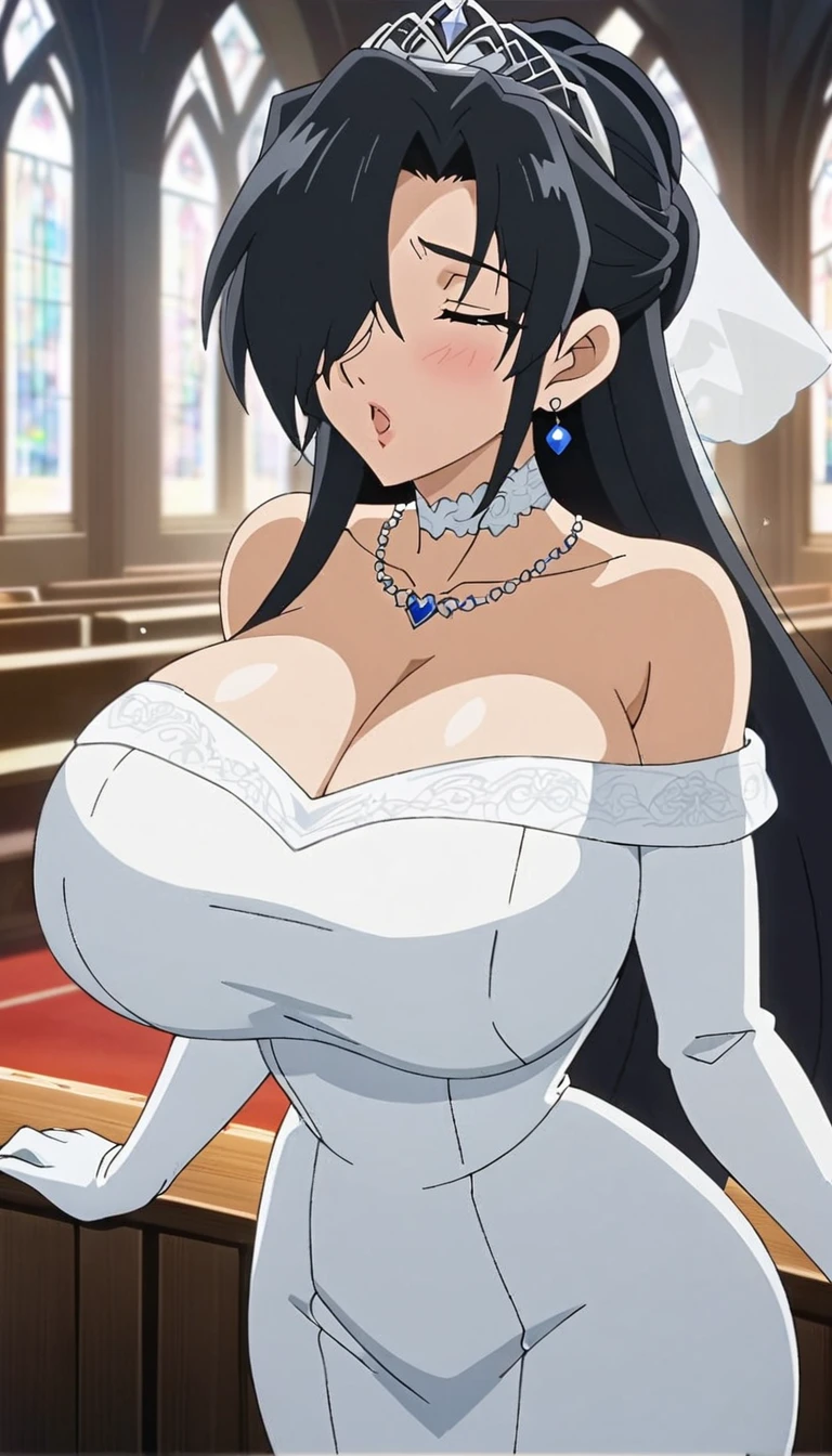 Off-the-shoulder white wedding dress, Snow White Veil, choker, silver tiara, necklace, earrings, church background, kanu unchou, anime cels style, best quality, high resolution, 1girl, (huge breasts:1.2), beautiful face, black hair, long hair, ((hair over one eye)), closed eye, puckered up lips, want to kiss，thick legs。bare legs，narrow waist