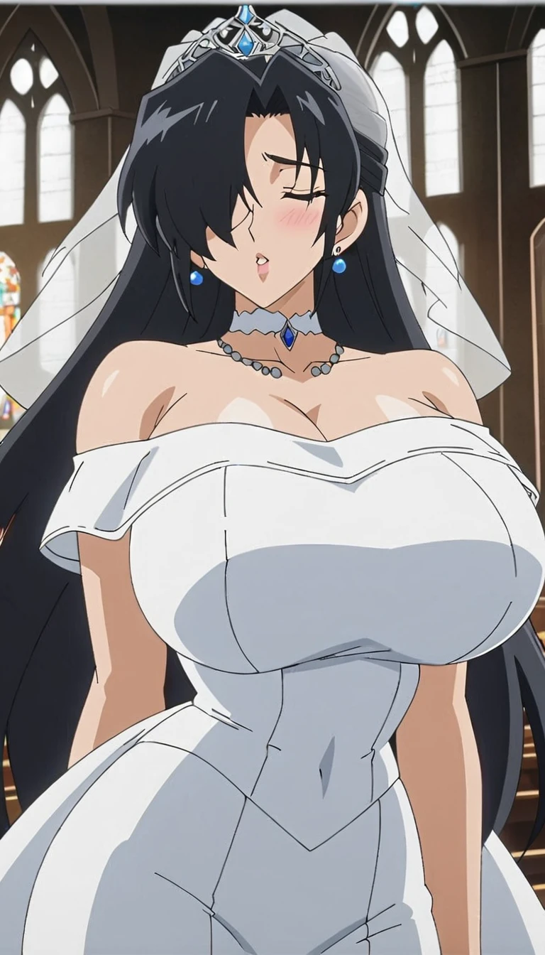 Off-the-shoulder white wedding dress, Snow White Veil, choker, silver tiara, necklace, earrings, church background, kanu unchou, anime cels style, best quality, high resolution, 1girl, (huge breasts:1.2), beautiful face, black hair, long hair, ((hair over one eye)), closed eye, puckered up lips, want to kiss，thick legs。bare legs，narrow waist