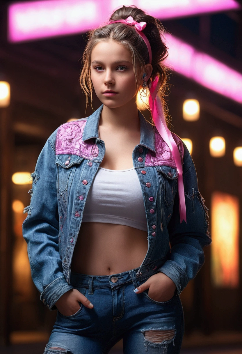 (masterpiece), (extremely intricate:1.3), (Realists), Full body picture of a young woman, the most beautiful in the world, large , Silikonbrüste large, outside (Jeans ripped, Belly-free, Top & Jeansjacke), Hair tied with pink and purple ribbons, punkstyle, New yoork, Neon lights, , intense sunlight, Professional photo of a stunning woman detailed, keen focus, dramatic, Award-winning, cinematic lighting, Oktan-Render Unreal Engine, Volume measurement DTX, (film grain, blurred background)