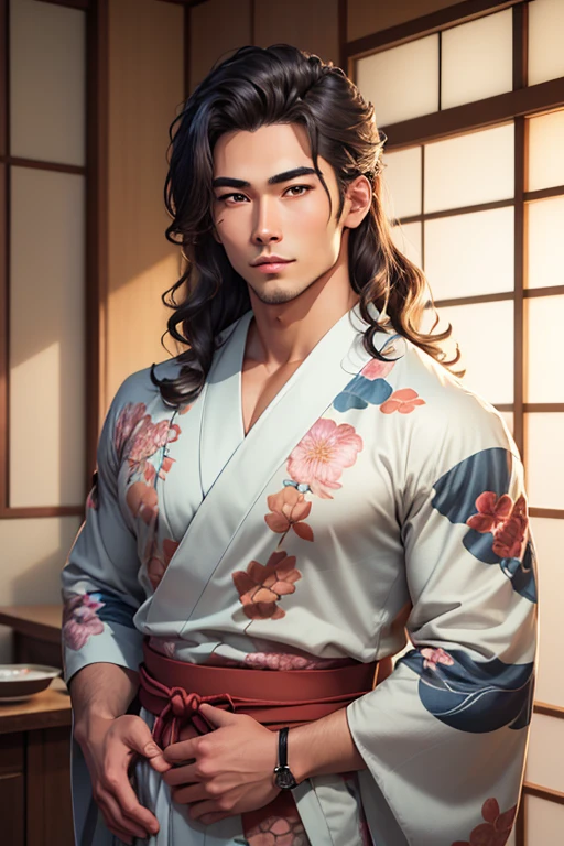 Close-up handsome very Japanese younger males,muscle,super and highly detailes,very 8k Japanese summer kimonos with Japanese prints patterns((absurdres, highres, ultra detailed)handsome, tall muscular Anime young man Japanese man full body figure kinda brawny muscular with black hair studious student likewithout glases in a very japanes male summer contemporary kimono yukata looking at the camera anime semi realiatic with different strking handsome features looks appearances that are moulded sculpted sculptured chiseled sharp angled angular broad high cheekbones full square jawed large almond shaped eyes light hazel amber or honey colors more round roundish eyed barely shoulder length wavy hair dark in a very Japanese Tokyo home almost male model like roundish oval like face medium darkish brown wavy hair