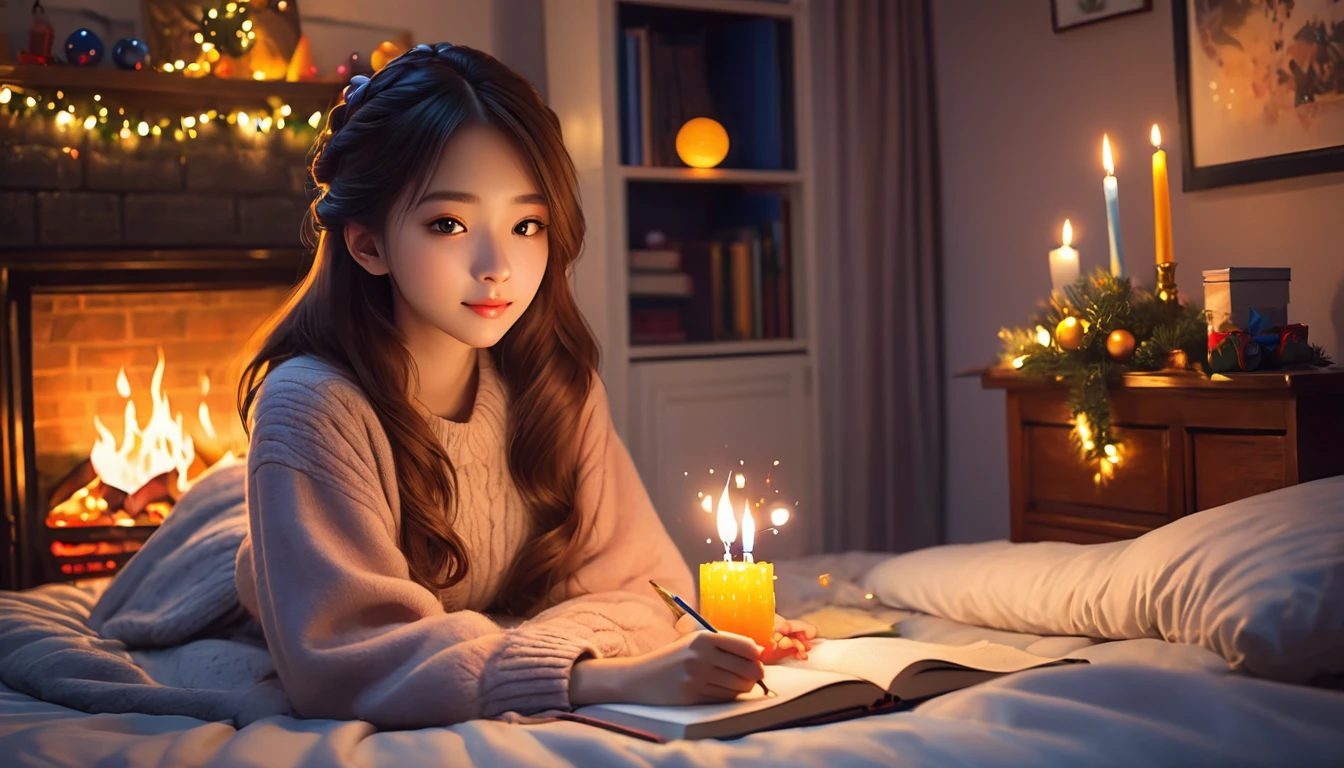 very beautiful girl studying on the cozy bed in the bedroom, dim atmosphere, fire place, birthday theme ornaments