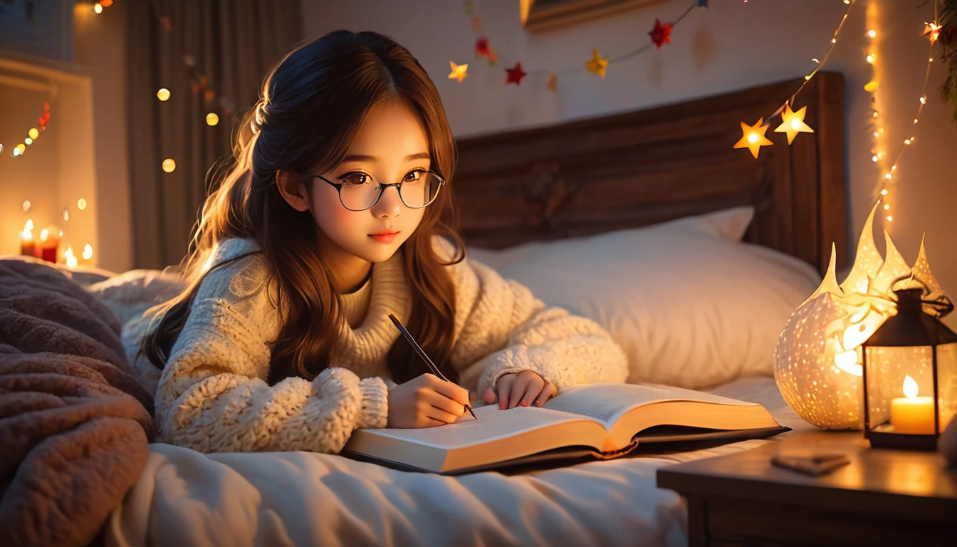 very beautiful girl studying on the cozy bed in the bedroom, dim atmosphere, fire place, birthday theme ornaments