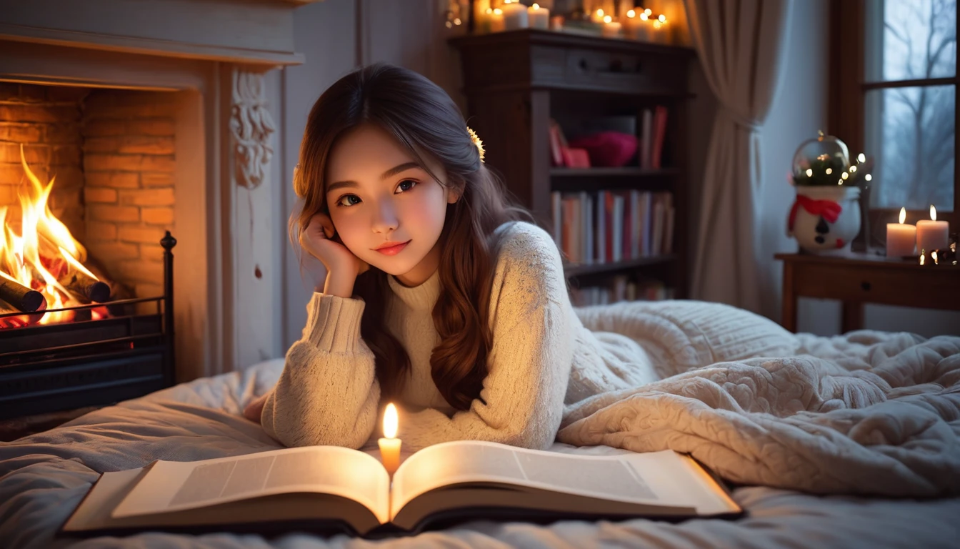 very beautiful girl studying on the cozy bed in the bedroom, dim atmosphere, fire place, birthday theme ornaments