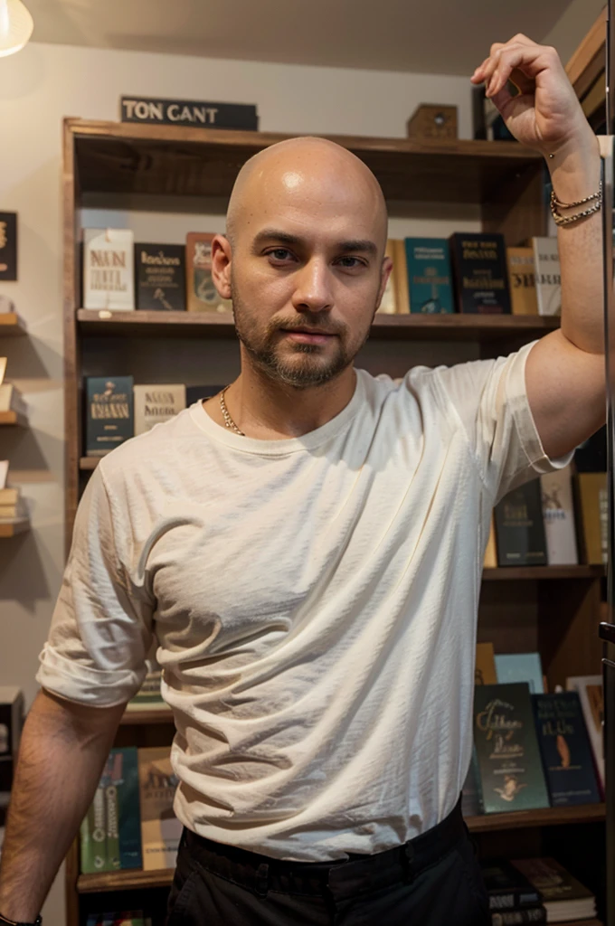 A handsome bald man inside a small bookshop with a beard wearing a modern ivory shirt and bracelets