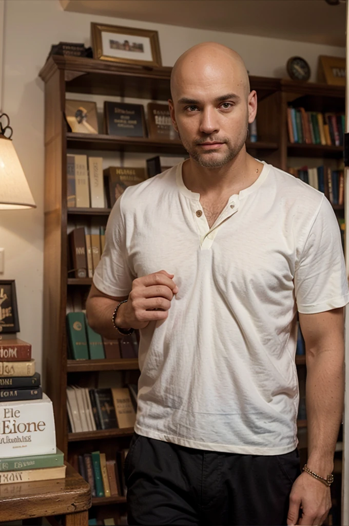 A handsome bald man inside a small bookshop with a beard wearing a modern ivory shirt and bracelets