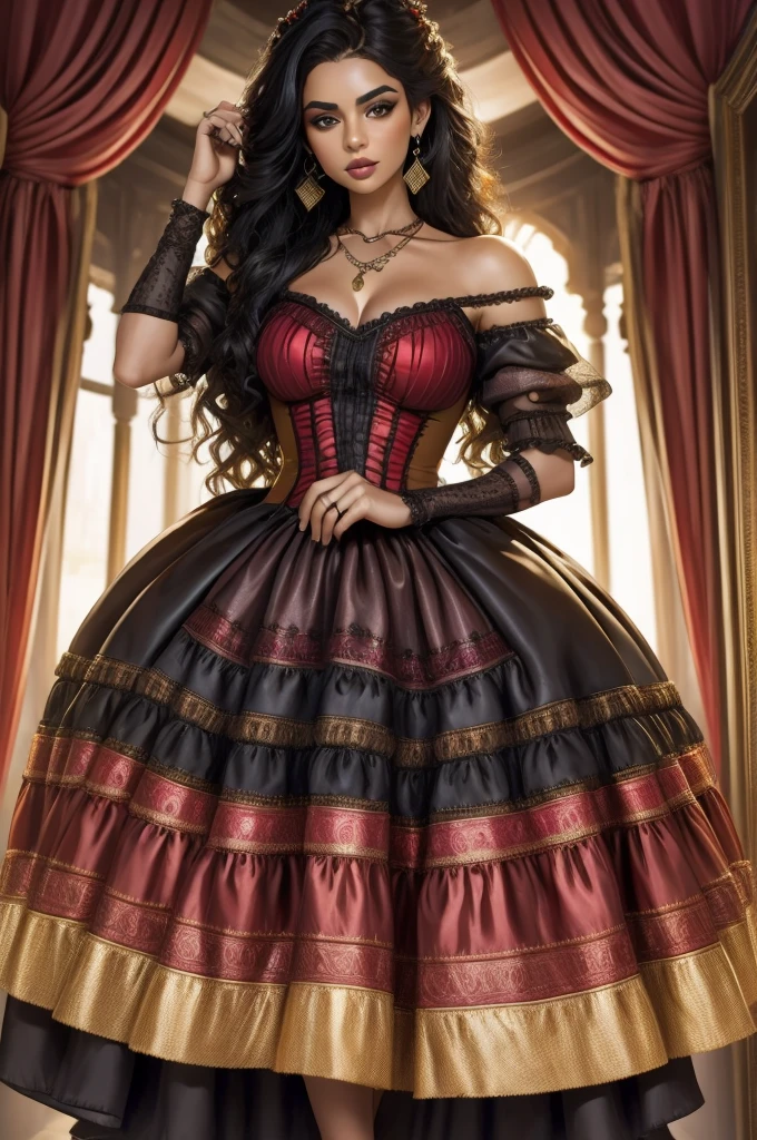 (MESTRA CIGANA SULAMITA) super-realista, Standing showing all her realistic 8K red/yellon lace dress floating in space , cabelos negros, pele, dourada, corpo full body perfect , Detailed Hands with Ruby Ring, 40 anos, Mystery front image ::8, (((saia longa de cigana rodada detalhes rendados de cor vermelha e amarela ))), Intricate yellon Makeup Patterns ::7, body ::6, Aura Encantada, magia brilhante ::5, On your card table, Bubbling Potion ::4, Magic ingredients, spellbooks ::3, gesto de spellcasting ::2, mistic ambient, supernatural presence ::1. Smoke and atmosphere: , poderes naturais, como frutos, folhas, cristais, She has long, dark curly hair with million rose red and yellon tucked into it. Her makeup emphasizes her eyes, and she's wearing large, dangling earrings and multiple necklaces with colorful beads and pendants. The woman's clothing includes vibrant fabrics with patterns. The overall aesthetic is very bohemian and romantic, evoking a free-spirited, nomadic culture. The lighting in the image is warm, giving it a rich, rendas golden glow that enhances the romantic atmosphere.16K.