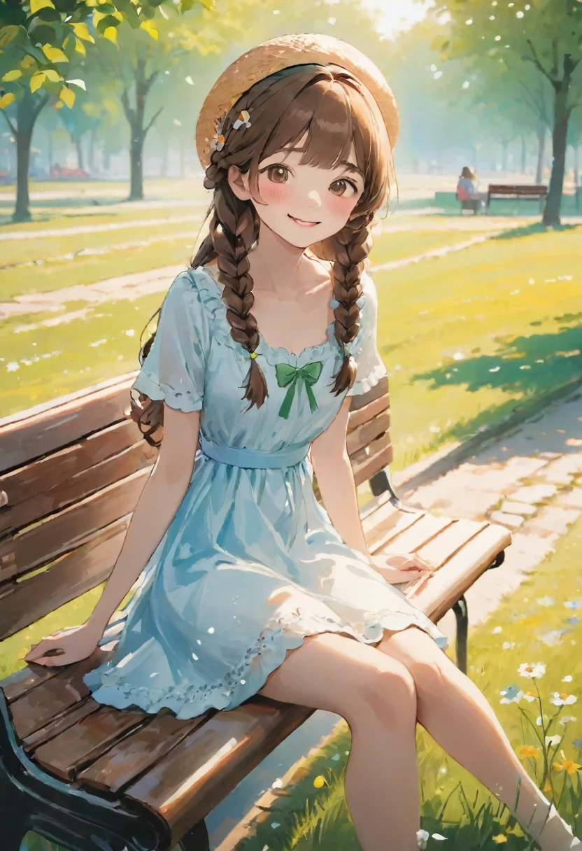 masterpiece, Highest quality, View your viewers,
One girl, alone, smile, Sitting, Have, Shoulder cutouts, Braiding, dress, Brown Hair, (close your eyes:1.1), twin Braidings, blush, Long Hair, bench, Grin, Grass, white dress, jewelry, Clothing cutouts, bangs, necklace, Floral print, Blurred, hand Between the legs, Blurred background, Between the legs, bow, In-person audience, chest, Exposing shoulders, sun Have, straw Have, Day, clavicle, hair bow, Short sleeve, The legs are detached from the frame, ribbon, Brown hat, on bench, Depth of written boundary, park bench, ^_^, Hair that falls over the shoulders,
Day, null, Flower Field, petal,
