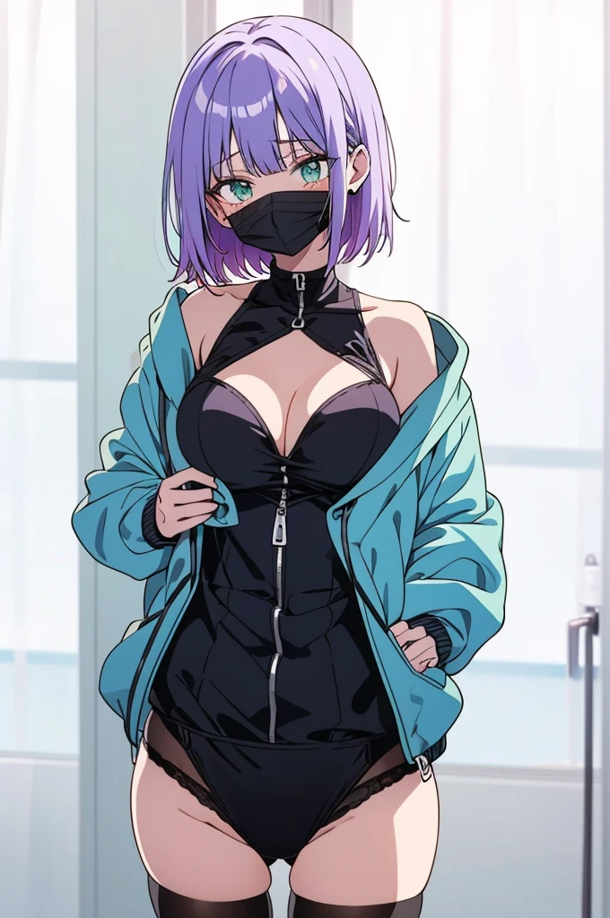 Anime, anime girl, aqua blue hair, purple hair tips, short hair, bangs, green eyes, short hair, half mask, covered mouth, black One Piece, leotard, tights, breasts, big breasts, black panties, beautiful eyes, masterpiece, 4k, high quality, high resolution, hands behind back, long legs, thick thighs, jacket falling off, shoulder, collarbone, cleavage, large breasts,