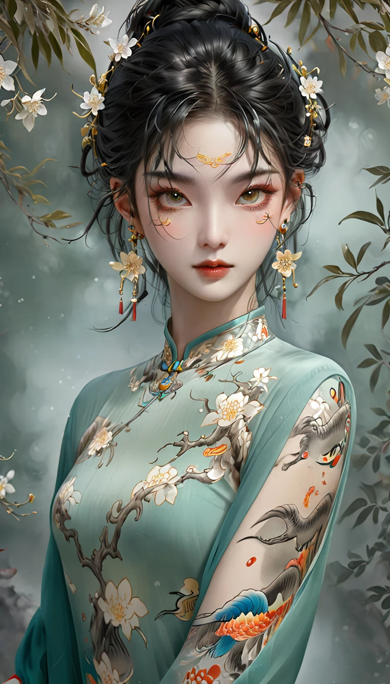 Chinese Beauty, Charming temperament, floating long dress, Clear face, beautiful eyes, Around osmanthus flowers, A masterpiece of perfect body structure proportions, Very detailed, Epic creation, Color Tattoo Art, Neo-Traditional Tattoo Art, SD tattoo design, Color Tattoo Art, mystery、enthusiasm、Friendly atmosphere, Surrealism, Ultra HD, high quality, best quality, 32K --v 6