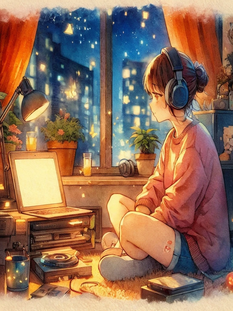 Sit on the floor with headphones on、Anime girl looking at laptop, praise girl, praise artstyle, praise art, praise portrait, praise vibes, praise feel, praise girl aesthetic, Lo-fi art, praise vibe, praise hip hop, Lo-fi illustration style, praise colors, praise, praise aesthetic