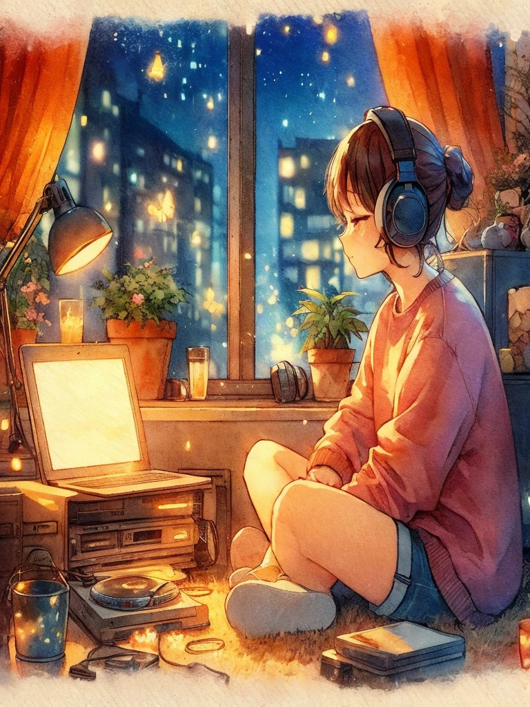 Sit on the floor with headphones on、Anime girl looking at laptop, praise girl, praise artstyle, praise art, praise portrait, praise vibes, praise feel, praise girl aesthetic, Lo-fi art, praise vibe, praise hip hop, Lo-fi illustration style, praise colors, praise, praise aesthetic