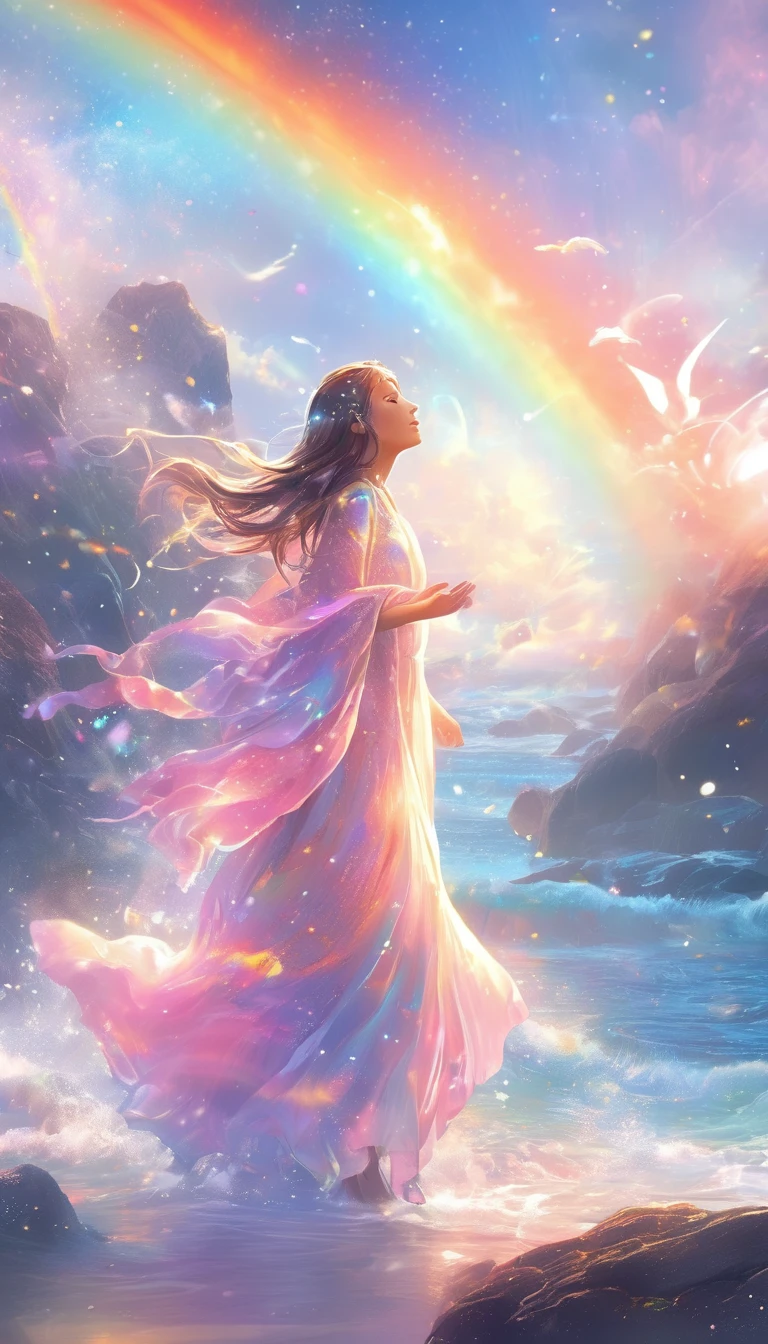 high resolution Mysterious glowing spell casting girl, ((Fantasy Rainbow Ocean)), Vibrant colors, Great light, Detailed speech bubbles, Magical atmosphere, Nice views, Dreamy atmosphere, Sparkling, Roomy robes, The magic touch, Mysterious Creatures, ((Sparkling waves)), Mystical symbols, Surreal beauty, mist, There'Magic in the air, Magical moments,Mysterious atmosphere, Whimsical Creatures, Full of charm, Fairy, Superpower, Fantasy World