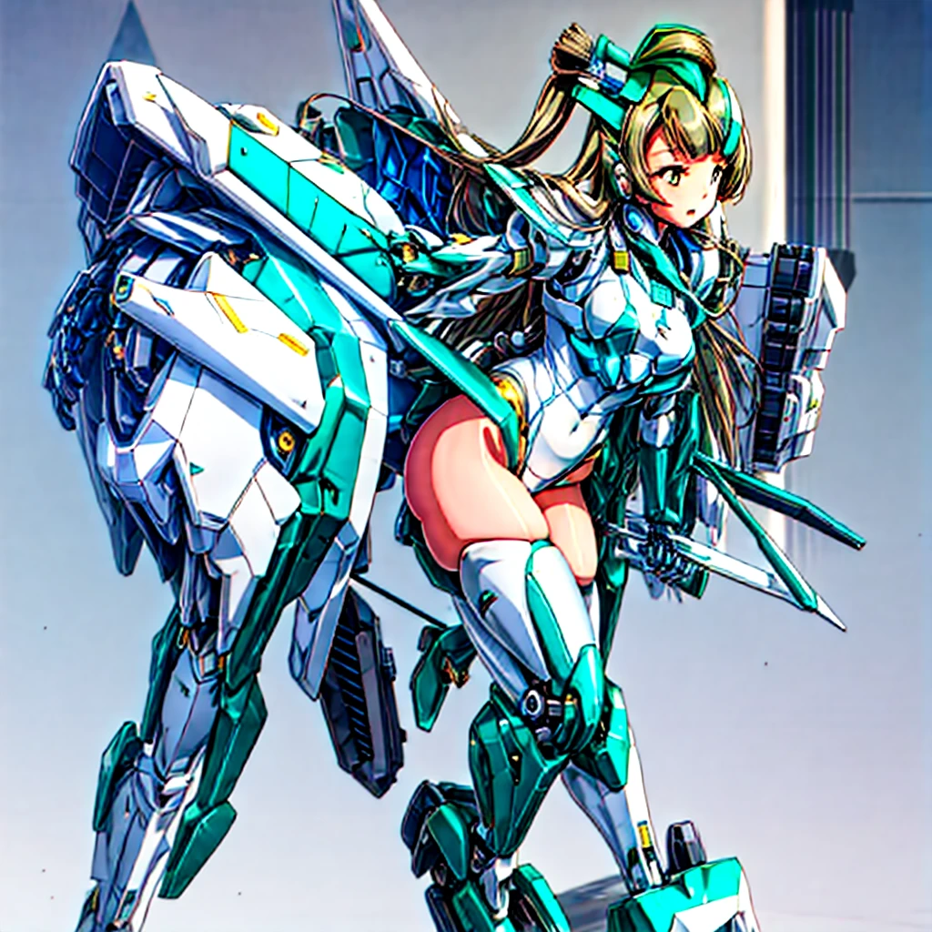 masterpiece, high quality, During the mechanized modification operation、Minami Kotori, who has been turned into a mechanical body cyborg、Surgery to convert to a gynoid cyborg body with exposed mechanical parts、A cyborg body for sexual purposes、Blue and white leotard-type mechanical armor、The whole body from the neck down is precision-machined.、Single image、Full-body shot from the front