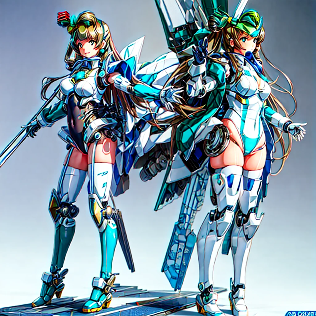 masterpiece, high quality, During the surgery to convert the machine、Heian Sumire, who has been turned into a mechanical body cyborg、Surgery to convert to a gynoid cyborg body with exposed mechanical parts、Blue and white leotard-type mechanical armor、The whole body from the neck down is precision-machined.、Single image、Full-body shot from the front