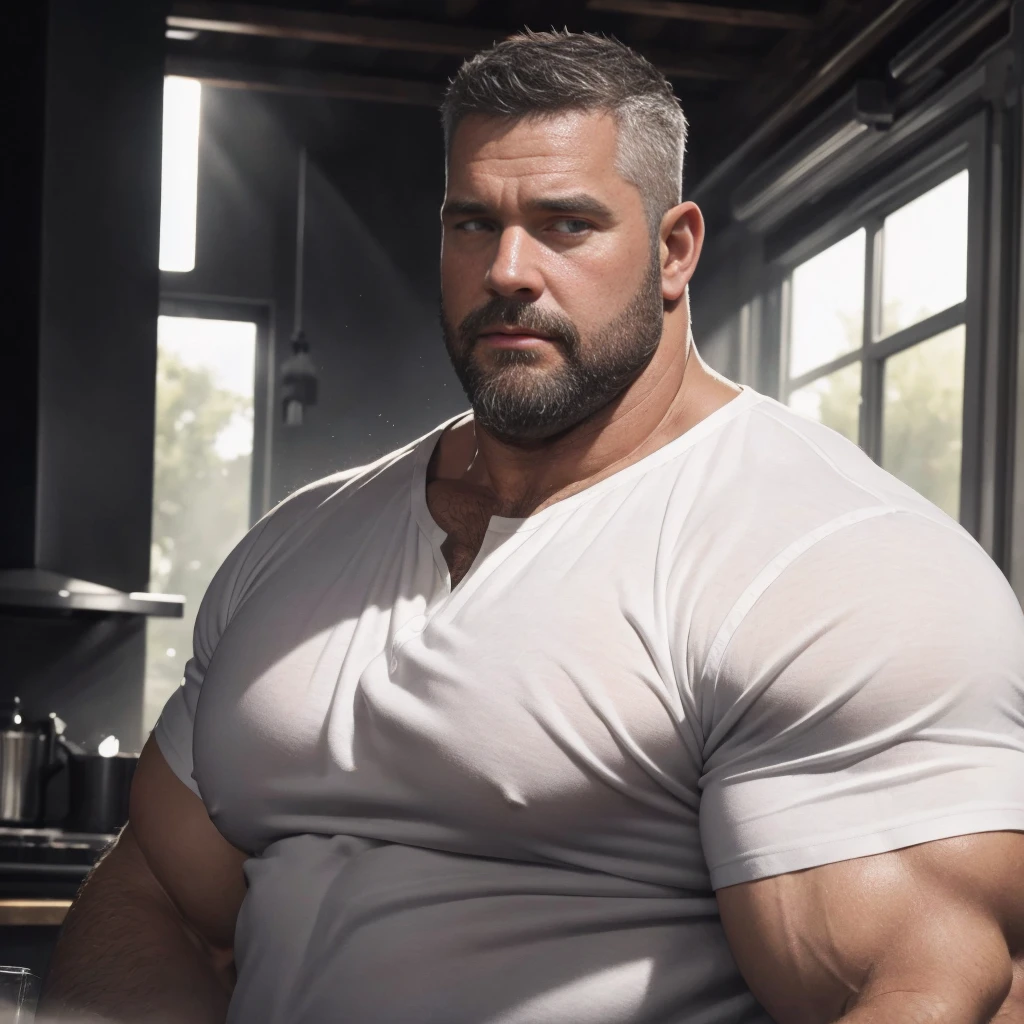 An award-winning original photo,A wild fat man, (40 years old daddy:1.1), 1boy, Solo, (white shirt), (top fully opened), (big shoulderusculature, stubbles, Short beard, Beautiful eyes:1.3), (Detailed face:1.3), Dynamic Angle, volumetric lighting, (Best quality, A high resolution, Photorealistic), Cinematic lighting, Masterpiece, RAW photo, Intricate details, hdr, depth of field,extreme close up,