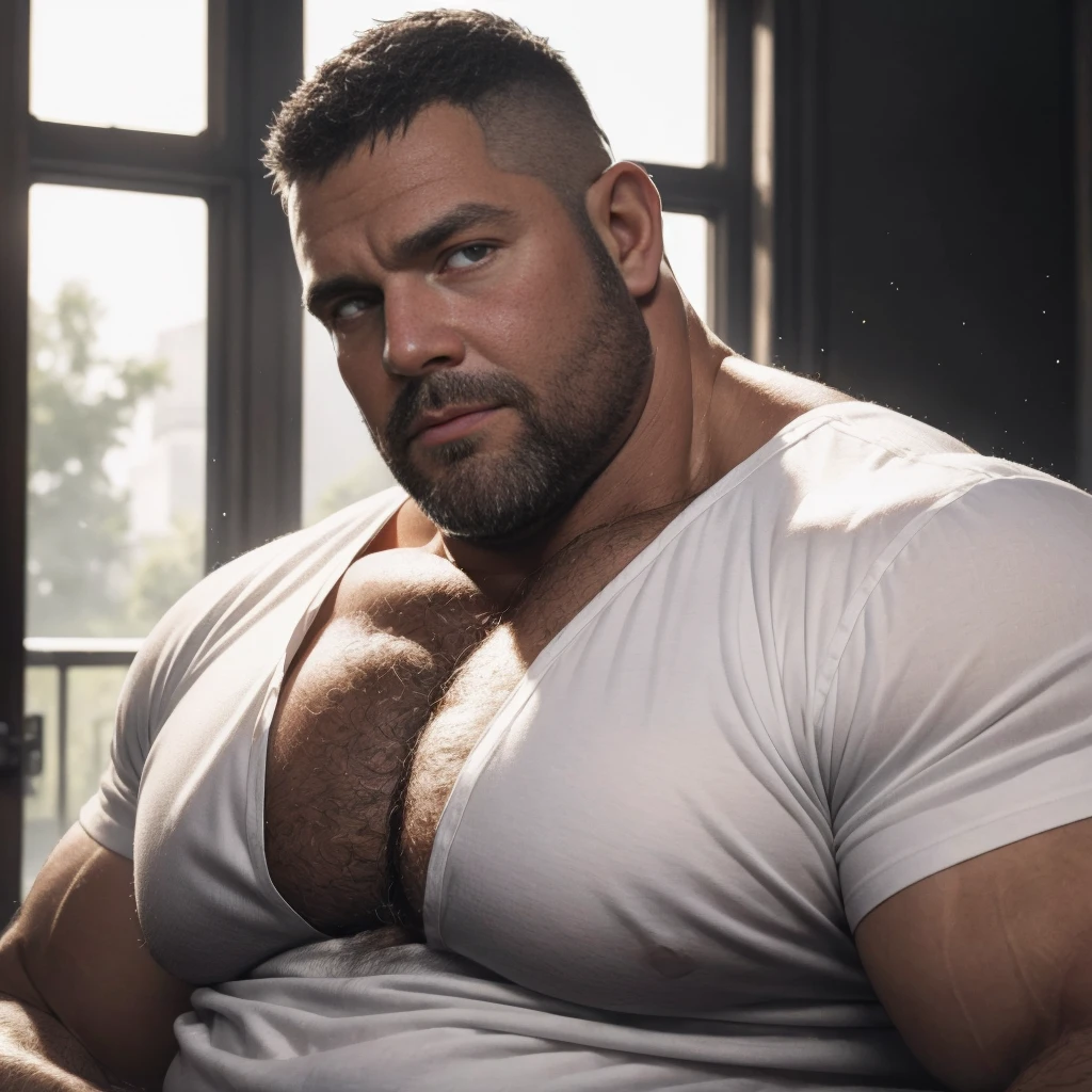 An award-winning original photo,A wild fat man, (40 years old daddy:1.1), 1boy, Solo, (white shirt), (top fully opened), (big shoulderusculature, stubbles, Short beard, Beautiful eyes:1.3), (Detailed face:1.3), Dynamic Angle, volumetric lighting, (Best quality, A high resolution, Photorealistic), Cinematic lighting, Masterpiece, RAW photo, Intricate details, hdr, depth of field,extreme close up,