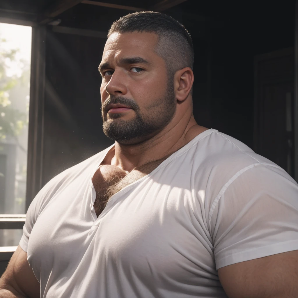 An award-winning original photo,A wild fat man, (40 years old daddy:1.1), 1boy, Solo, (white shirt), (top fully opened), (big shoulderusculature, stubbles, Short beard, Beautiful eyes:1.3), (Detailed face:1.3), Dynamic Angle, volumetric lighting, (Best quality, A high resolution, Photorealistic), Cinematic lighting, Masterpiece, RAW photo, Intricate details, hdr, depth of field,extreme close up,