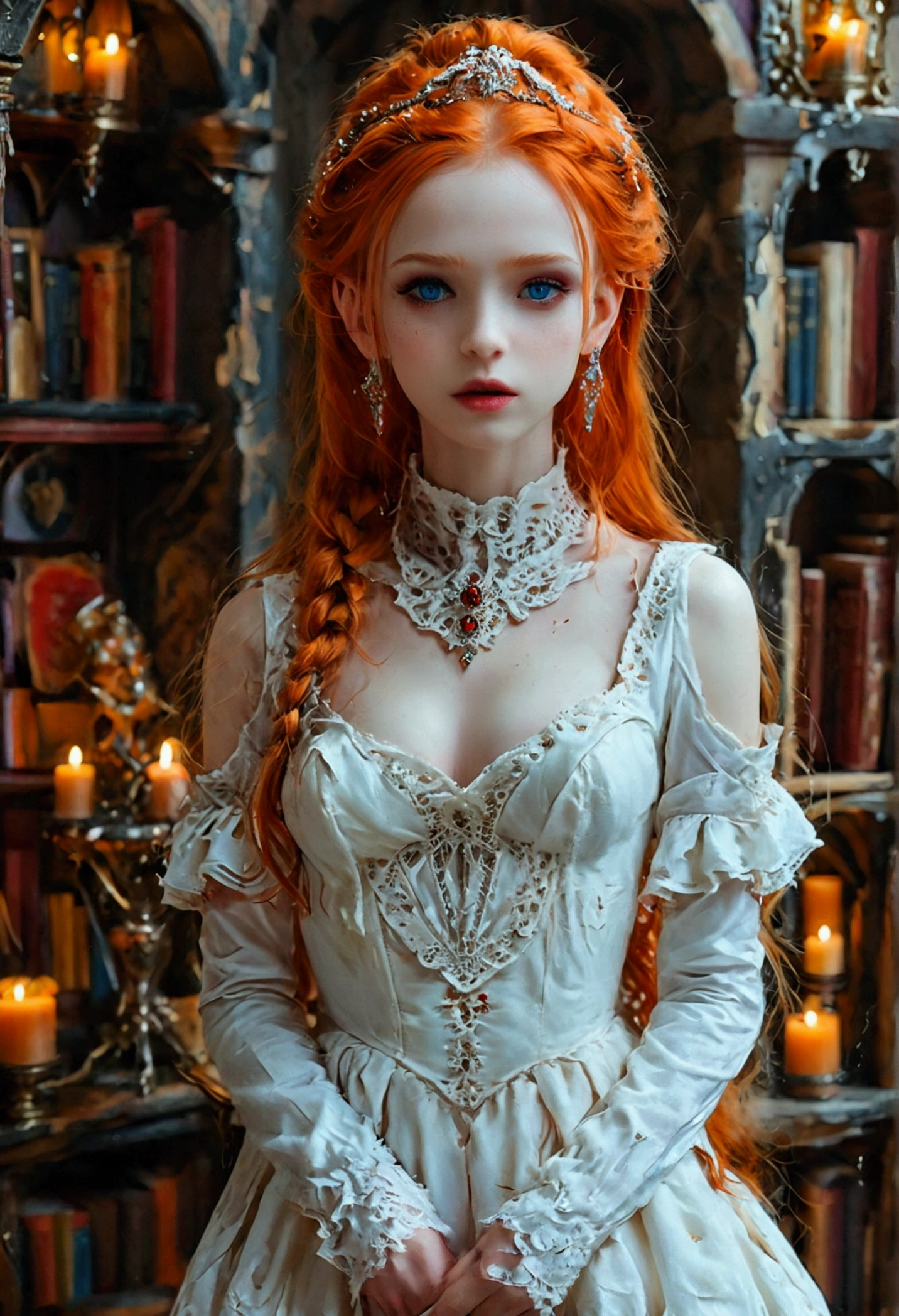 arafed a picture of elf vampire in her castle. an exquisite beautiful female elf vampire (ultra details, Masterpiece, best quality), full body, ((anatomically correct: 1.5) bloody mouth, orange hair, pale skin, hair in a ponytail, long hair, blue eyes, (small pointed ears: 1.2), cold eyes, smirking, wearing white dress (ultra details, Masterpiece, best quality), red cloak, wearing high heels, in dark fantasy library, book shelves, vibrant, Ultra-high resolution, High Contrast, (masterpiece:1.5), highest quality, Best aesthetics), best details, best quality, highres, ultra wide angle, 16k, [ultra detailed], masterpiece, best quality, (extremely detailed) RAW, dark fantasy art, gothic art, wearing Haute_Couture designer dress, Dark Novel, Dark Art Painting Style, dripping blood, hud_s1n, short black dress, long sleeves, veil, thighhighs, digital painting