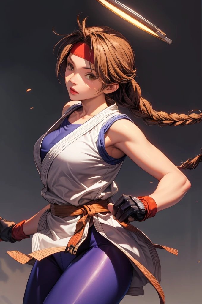 perfect eyes:1.2, detailed eyes:1.4, yurims, headband, blue pantyhose, braided ponytail, brown hair, brown eyes, serious, dougi, spandex, gloves, fingerless gloves, leggings, cowboy shot, 1girl, solo, (masterpiece:1.6, best quality), 8k, insane details, intricate details, hyperdetailed, hyper quality, high detail, ultra detailed, professional, HDR, ray tracing reflection, cinematic lighting,
