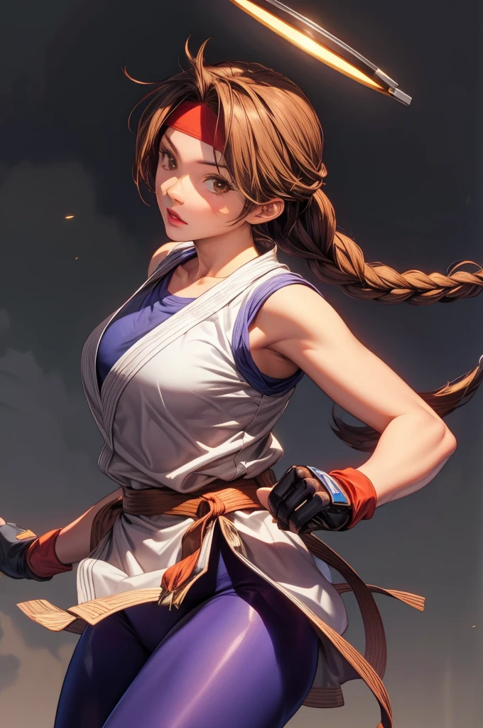 perfect eyes:1.2, detailed eyes:1.4, yurims, headband, blue pantyhose, braided ponytail, brown hair, brown eyes, serious, dougi, spandex, gloves, fingerless gloves, leggings, cowboy shot, 1girl, solo, (masterpiece:1.6, best quality), 8k, insane details, intricate details, hyperdetailed, hyper quality, high detail, ultra detailed, professional, HDR, ray tracing reflection, cinematic lighting,