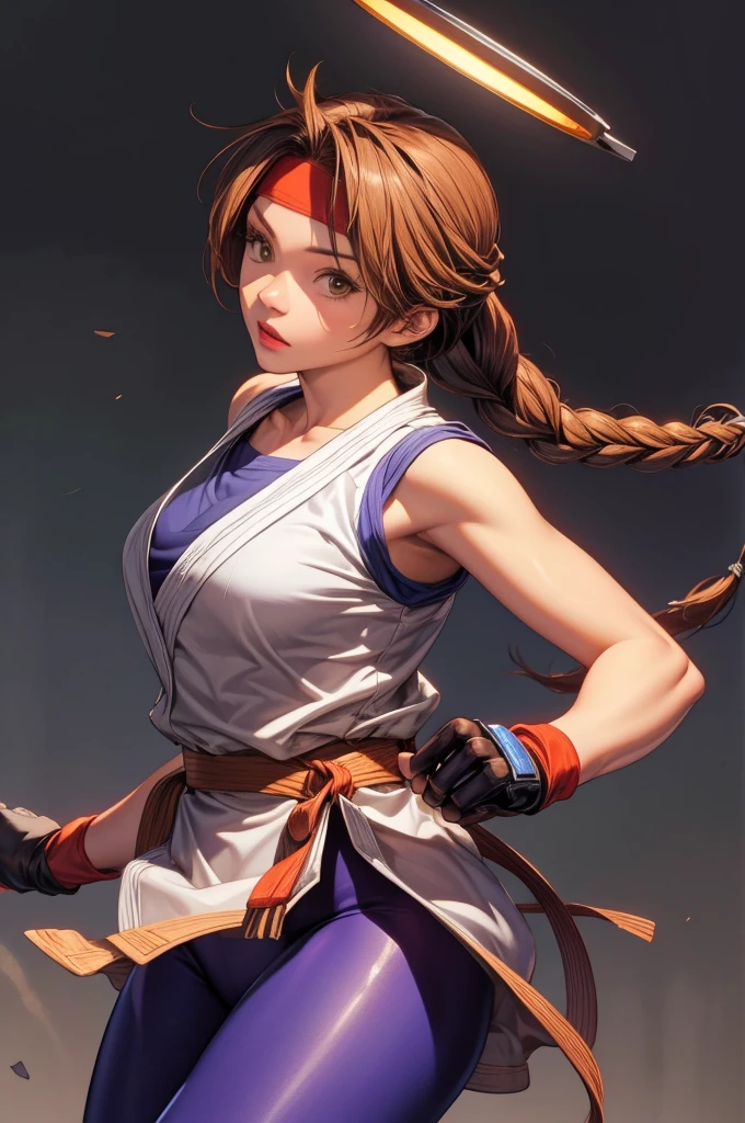 perfect eyes:1.2, detailed eyes:1.4, yurims, headband, blue pantyhose, braided ponytail, brown hair, brown eyes, serious, dougi, spandex, gloves, fingerless gloves, leggings, cowboy shot, 1girl, solo, (masterpiece:1.6, best quality), 8k, insane details, intricate details, hyperdetailed, hyper quality, high detail, ultra detailed, professional, HDR, ray tracing reflection, cinematic lighting,