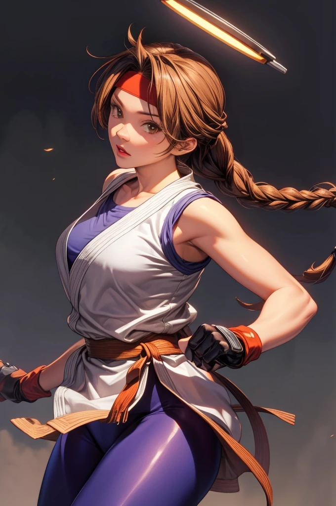 perfect eyes:1.2, detailed eyes:1.4, yurims, headband, blue pantyhose, braided ponytail, brown hair, brown eyes, serious, dougi, spandex, gloves, fingerless gloves, leggings, cowboy shot, 1girl, solo, (masterpiece:1.6, best quality), 8k, insane details, intricate details, hyperdetailed, hyper quality, high detail, ultra detailed, professional, HDR, ray tracing reflection, cinematic lighting,