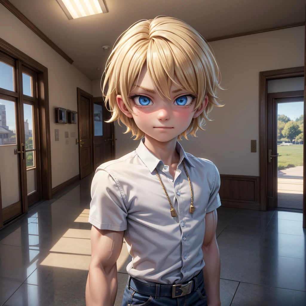 4k,detailed landscape,photorealistic,ultra-detailed,8k,HDR,dramatic lighting,vivid colors, boy, boy in school hallway, school, smug expression, smug face, blond hair, long blond hair, pretty boy,  blue eyes, detailed eyes, beautiful eyes, muscular, timid, six-pack, atlethic