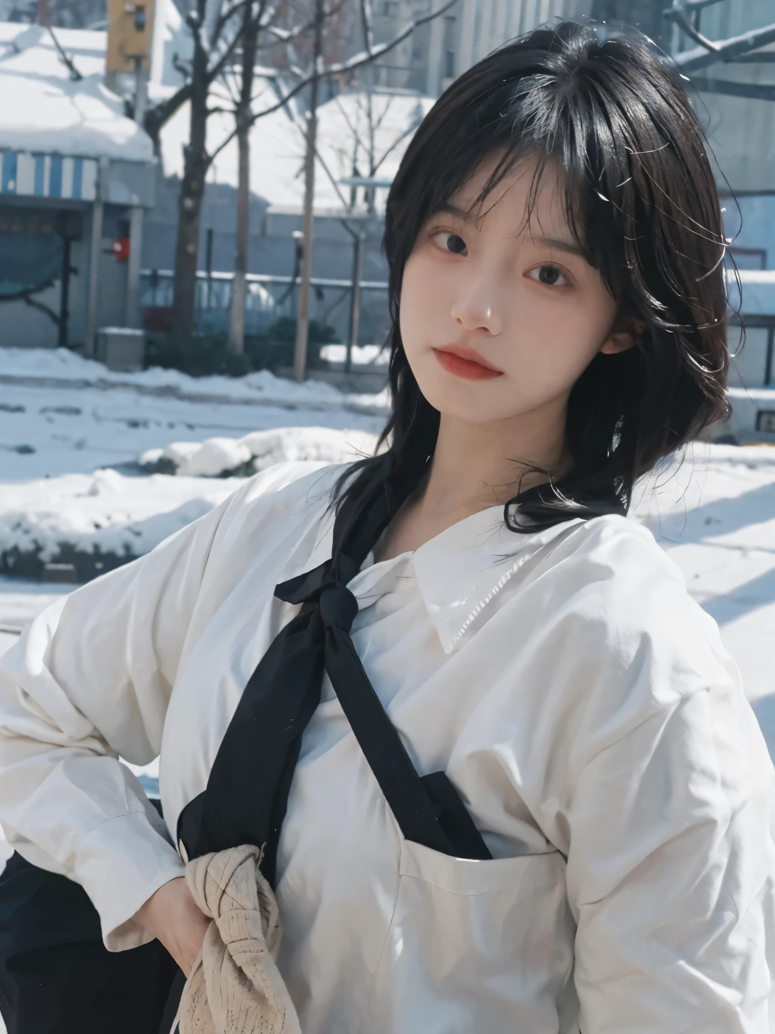 Best quality，masterpiece，Ultra-high resolution，snow，16K,Snow background，（Photo Realism：1.4),1 Girl，JK，Sexy，（Shirt and Tie：1.2),（Big breasts：2.3),（Upper body：1.4)