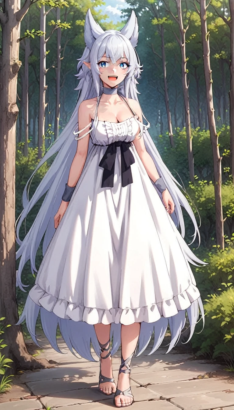 score_4, score_5, score_6, score_9, score_8_up, score_7_up, source_anime, 1girl, smile, open mouth, grey hair, very long hair, blue eyes, wolf ears, pointy ears, choker, white dress, bare shoulders, black ribbon, cleavage, strap slip, looking at viewer, standing,  outdoors, tree, fine anime, full body