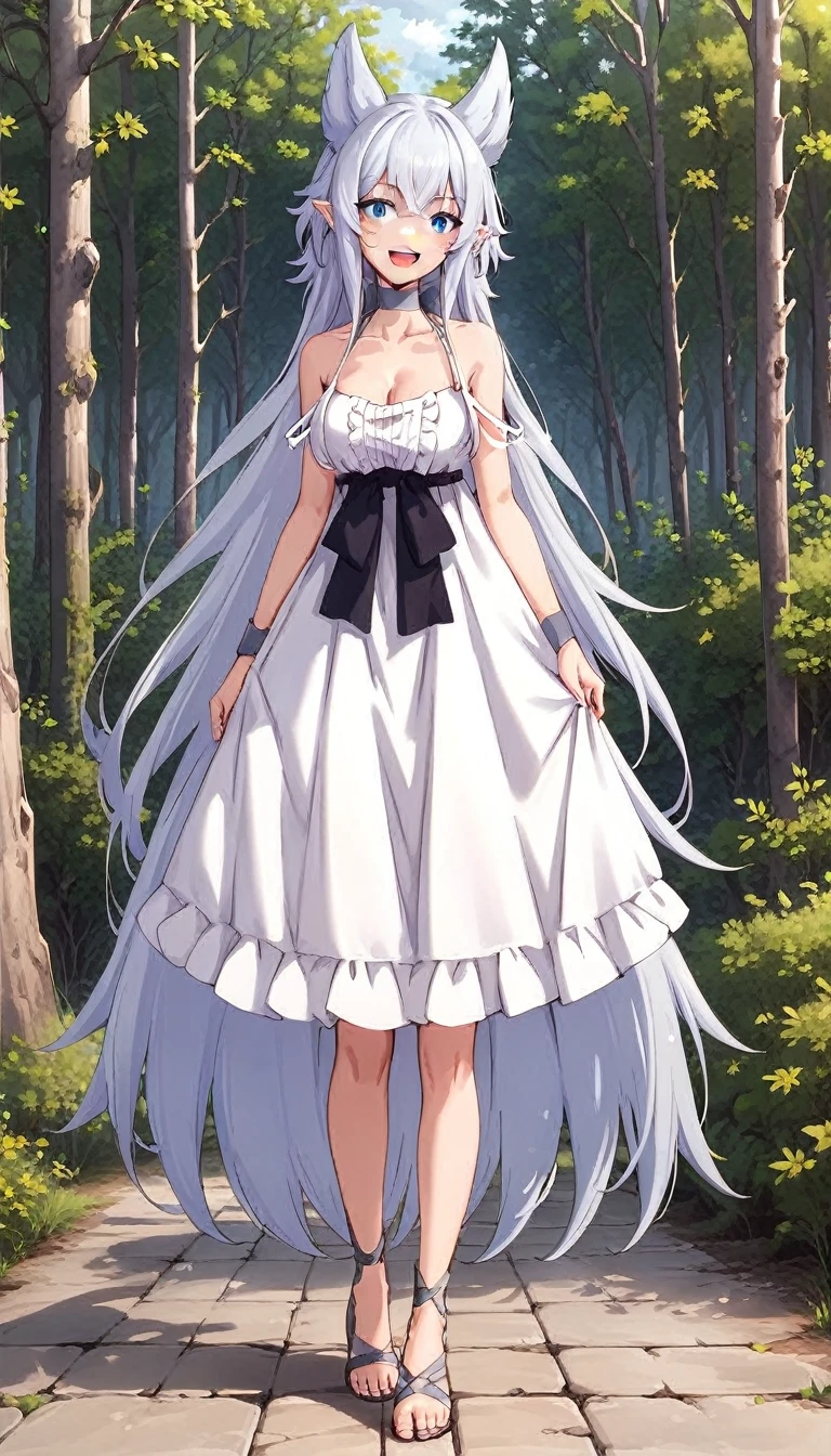 score_4, score_5, score_6, score_9, score_8_up, score_7_up, source_anime, 1girl, smile, open mouth, grey hair, very long hair, blue eyes, wolf ears, pointy ears, choker, white dress, bare shoulders, black ribbon, cleavage, strap slip, looking at viewer, standing,  outdoors, tree, fine anime, full body