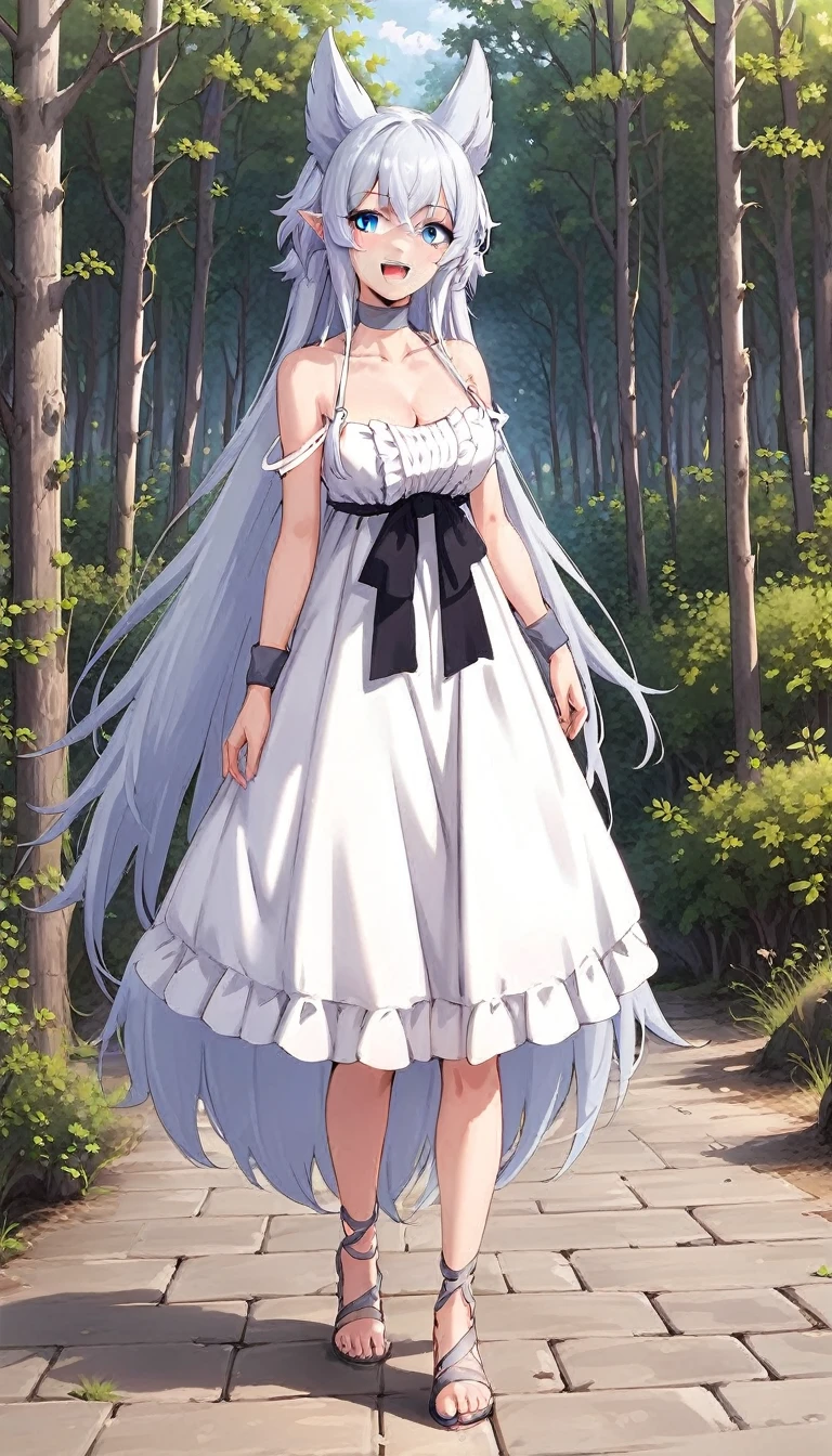 score_4, score_5, score_6, score_9, score_8_up, score_7_up, source_anime, 1girl, smile, open mouth, grey hair, very long hair, blue eyes, wolf ears, pointy ears, choker, white dress, bare shoulders, black ribbon, cleavage, strap slip, looking at viewer, standing,  outdoors, tree, fine anime, full body