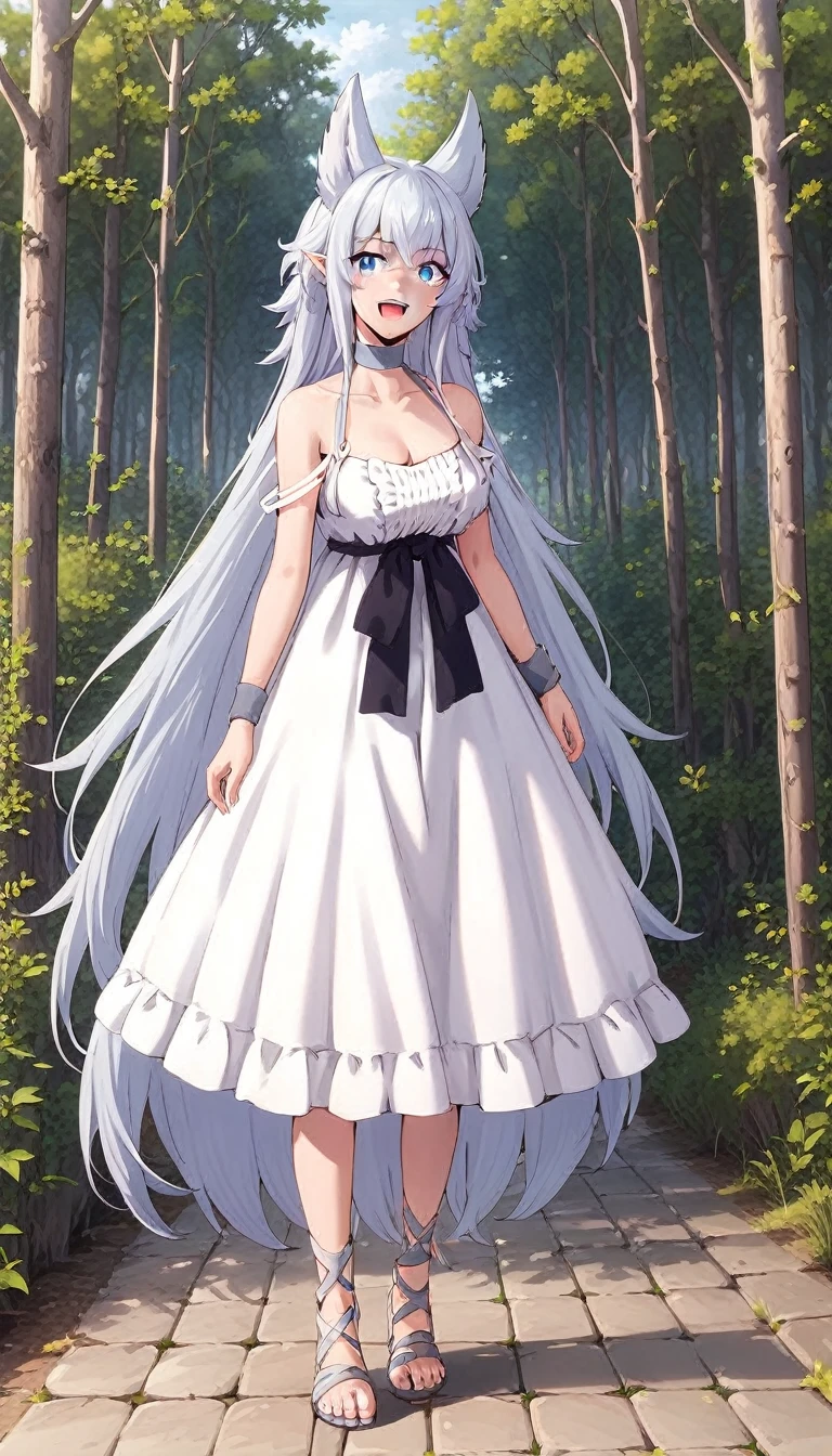 score_4, score_5, score_6, score_9, score_8_up, score_7_up, source_anime, 1girl, smile, open mouth, grey hair, very long hair, blue eyes, wolf ears, pointy ears, choker, white dress, bare shoulders, black ribbon, cleavage, strap slip, looking at viewer, standing,  outdoors, tree, fine anime, full body