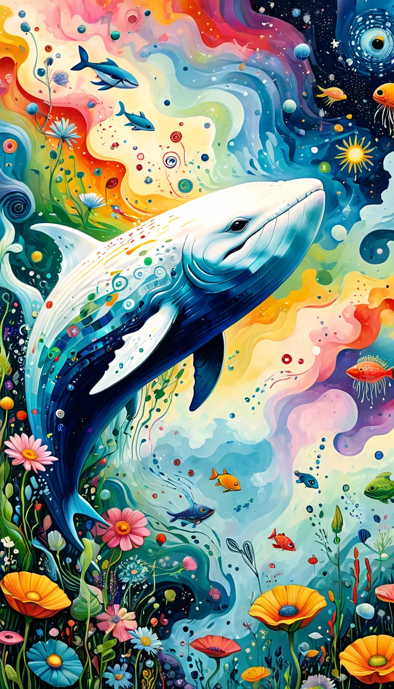 Children's graffiti,Thick coating,Concave and convex texture,Oil pastel strokes:Artists from the stars,Child,joy, Flying white Whale:1.37、Eruption Cloud、flowesh、章fish触手瀑布。、bird、Eye、diatom,Abstract mosaic painting,Describing the inner world of autistic people,Large area of white,interesting,Innocence,Vision,Psychedelic Art,