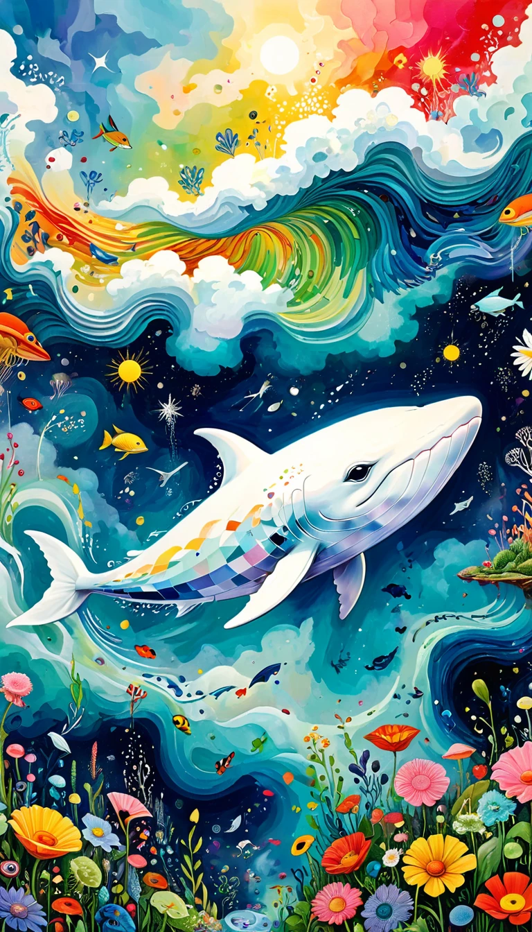 Children's graffiti,Thick coating，Concave and convex texture，Oil pastel strokes：Artists from the stars，Child，joy， Flying white Whale:1.37、Eruption Cloud、flowesh、章fish触手瀑布。、bird、Eye、diatom，Abstract mosaic painting，Describing the inner world of autistic people，Large area of white，interesting，Innocence，Vision，Psychedelic Art，
