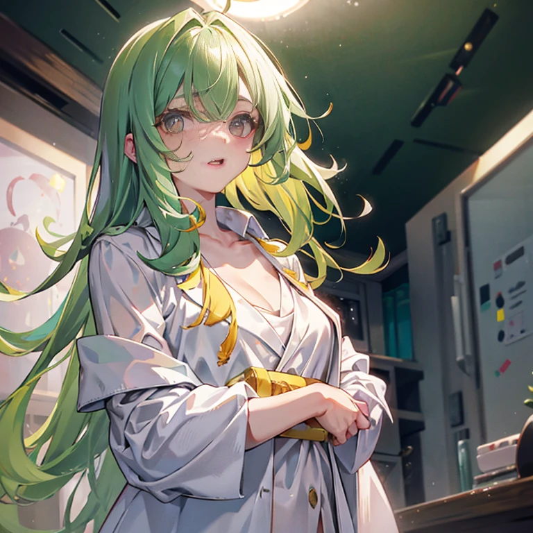 white lab coat, Perfect Face, long dark green hair, golden pupils, collarbone,