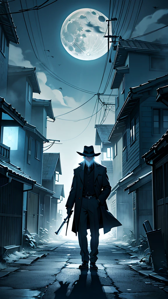 "An elderly man, around 58 years old, stands in a moonlit street, holding a smoking shotgun pointed forward. His face is stern and determined, illuminated by the full moon behind him. Surrounding him are houses with tightly shut doors and windows, casting long shadows in the eerie night. The sky is dark, with the bright full moon adding a ghostly glow to the scene."