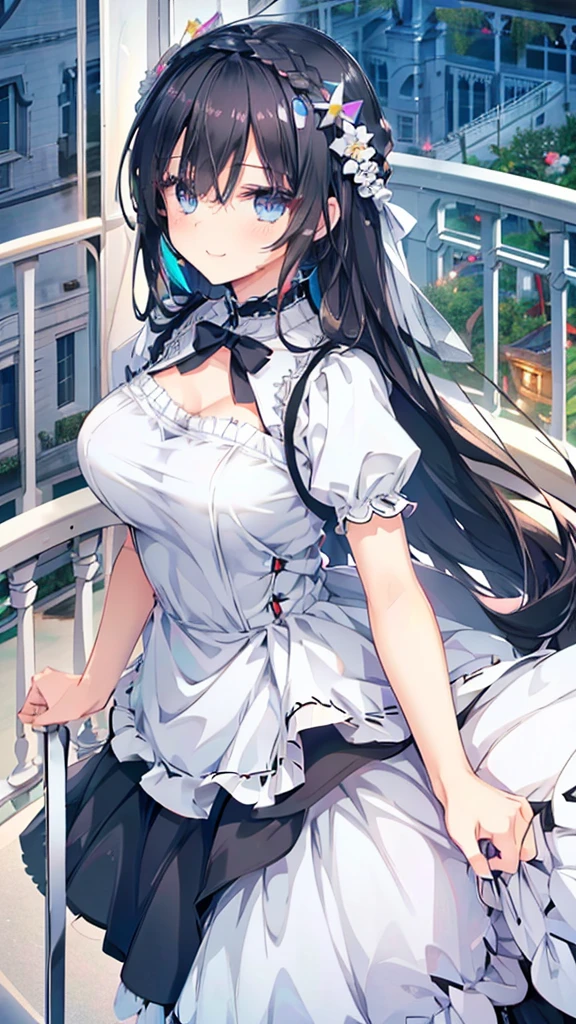 best quality, extremely detailed,anime style girl,long hair down to the waist, straight hair, ((dark black hair with bluish)),braid,beautiful detailed eyes, pinched eyes, (dark blue eyes),huge breasts,curvy,((((white main cutie brightly colored princess dress)))),clothing with complex patterns,hair ornament,smile,((((balcony in garden)))),castle,((((pov))))