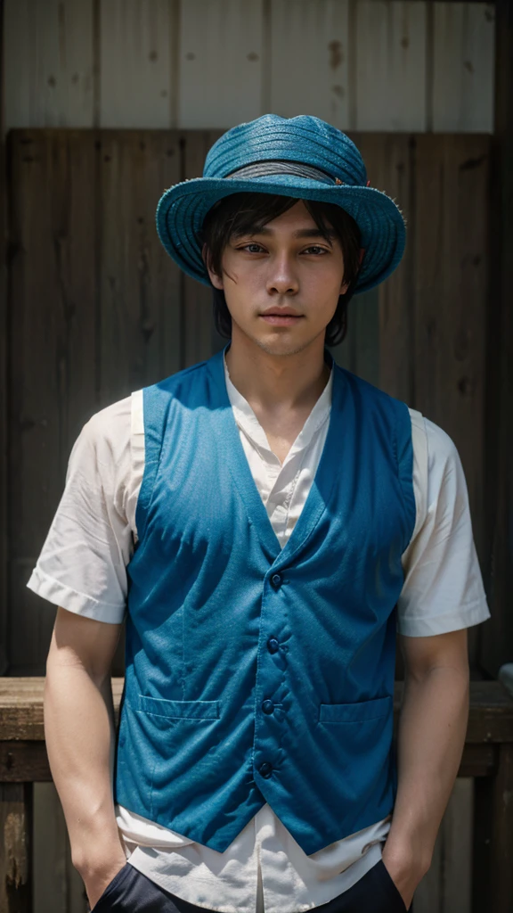 (masterpiece),(best quality:1.0), (ultra highres:1.0), detailed illustration, 8k, anime, masterpiece, wearing a wide blue hat over head, detailed hat, best quality,(wanderer:1.2), letterboxed, (genshin impact), 1boy, male focus, solo, vest,(kbxll:0.5), anime style, vibrant